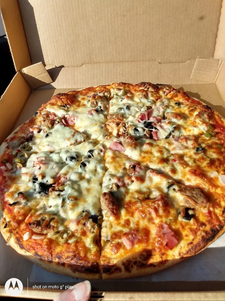 Trojan Special Pizza Minus Pepperoni & Green Olives Added Ham & Pineapple